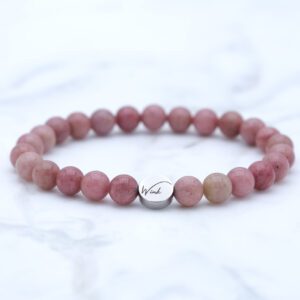 Edelstenen armband 6mm voor vrouwen van roze Rhodoniet afgewerkt met RVS kraal